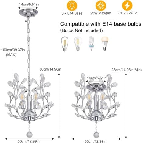 Ganeed Chandeliers Ceiling Light K9 Crystal Modern Pendant Light Fitting for Bedroom Dining Room Hallway Kitchen Lounge Landing Silver 3 Lights