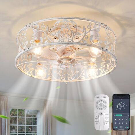 Ganeed Ceiling Fans with Lights Industrial Style Farmhouse Ceiling Fan 50cm Metal Caged Lighting E27 Flush Mount with Remote Control White 4 Lights