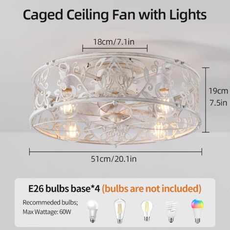 Ganeed Ceiling Fans with Lights Industrial Style Farmhouse Ceiling Fan 50cm Metal Caged Lighting E27 Flush Mount with Remote Control White 4 Lights