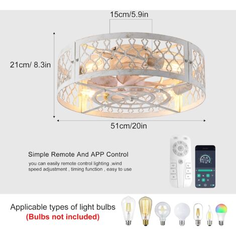 Ganeed Ceiling Fans with Lights Industrial Style Farmhouse Ceiling Fan 50cm Metal Caged Lighting E27 Flush Mount with Remote Control White 4 Lights