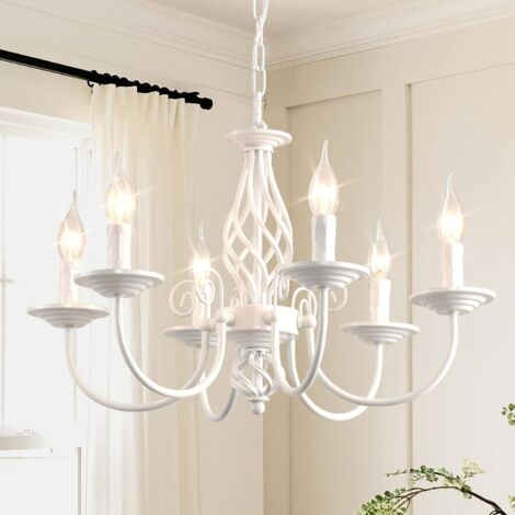 Ganeed French Country Chandeliers, 6 Light Vintage White Chandeliers Ceiling Light, Rustic Pendant Chandelier, Height Adjustable Farmhouse Pendant Light Fixture for Kitchen Dining Room Living Room