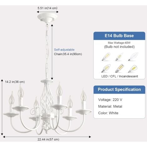 Ganeed French Country Chandeliers, 6 Light Vintage White Chandeliers Ceiling Light, Rustic Pendant Chandelier, Height Adjustable Farmhouse Pendant Light Fixture for Kitchen Dining Room Living Room