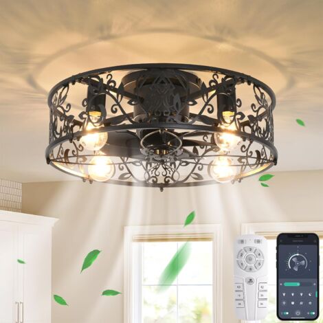 Ganeed Caged Ceiling Fans with Lights, Black Flush Mount Ceiling Fan with Remote, Small Low Profile Bladeless Ceiling Fan Light Fixture for Bedroom, Kitchen, Dining Room