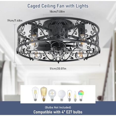Ganeed Caged Ceiling Fans with Lights, Black Flush Mount Ceiling Fan with Remote, Small Low Profile Bladeless Ceiling Fan Light Fixture for Bedroom, Kitchen, Dining Room