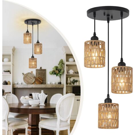 Ganeed 3 Lights Rattan Pendant Light, Farmhouse Dining Room Light Fixtures Ceiling Hanging, Boho Pendant Lighting with Hand Woven Wicker Shades for Kitchen Island Living Room Bedroom Foyer Hallway