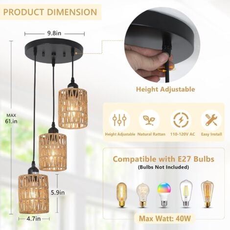 Ganeed 3 Lights Rattan Pendant Light, Farmhouse Dining Room Light Fixtures Ceiling Hanging, Boho Pendant Lighting with Hand Woven Wicker Shades for Kitchen Island Living Room Bedroom Foyer Hallway