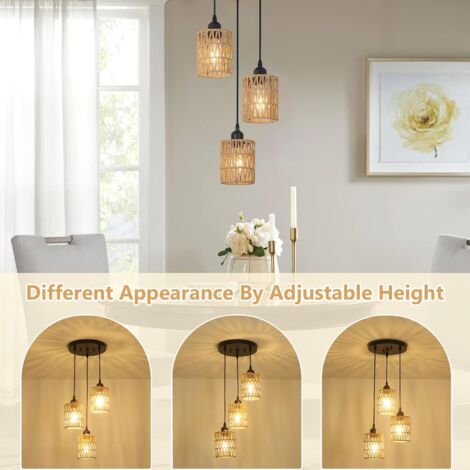 Ganeed 3 Lights Rattan Pendant Light, Farmhouse Dining Room Light Fixtures Ceiling Hanging, Boho Pendant Lighting with Hand Woven Wicker Shades for Kitchen Island Living Room Bedroom Foyer Hallway