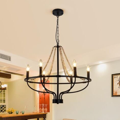 Ganeed Black Wagon Wheel Chandelier, 6-Light Vintage Chandeliers with Wood Beaded, Round Farmhouse Adjustable Height Hanging Pendant Light Fixtures for Dining Room Kitchen Island Living Room