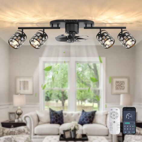 Ganeed 6 Speed, Timing Ceiling Fans with Lights and Remote,39.3" Kitchen Ceiling Fan,E27 Bulb Base,360° Rotatable Lampheads Bladeless Black Fandelier Flush Mount Ceiling Fans for Bedroom Dining Room