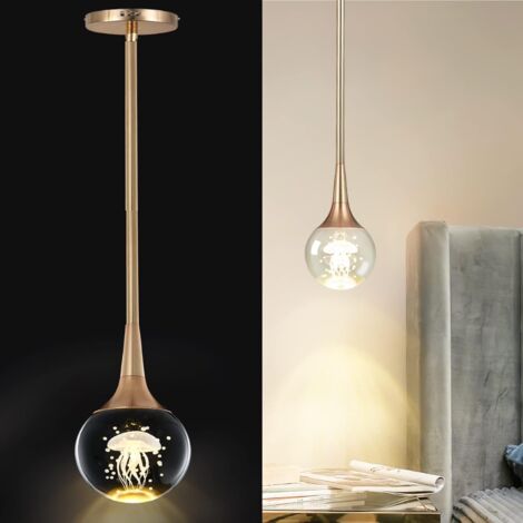 Ganeed Modern Pendant Lighting, 1-Light Metal Rod Pendant Light, 5W Mini LED Penant Light with Crystal Jellyfish, Globe Teardrop Hanging Light Fixture for Kitchen Island Bedroom Bar, 3200K/Gold (1/5)