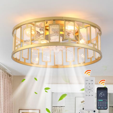 Ganeed Caged Ceiling Fan with Lights Crystal Style Farmhouse Ceiling Lighting Low Profile Ceiling Flush Mount Lamp E27 with Remote Control Gold Square 4 Lights