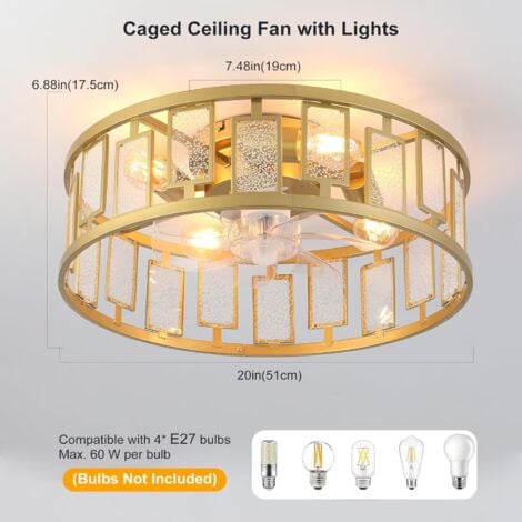 Ganeed Caged Ceiling Fan with Lights Crystal Style Farmhouse Ceiling Lighting Low Profile Ceiling Flush Mount Lamp E27 with Remote Control Gold Square 4 Lights