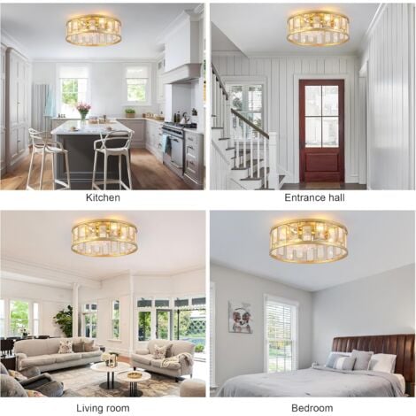 Ganeed Caged Ceiling Fan with Lights Crystal Style Farmhouse Ceiling Lighting Low Profile Ceiling Flush Mount Lamp E27 with Remote Control Gold Square 4 Lights