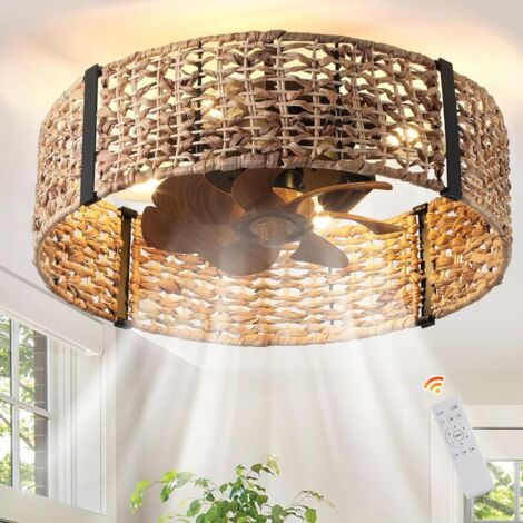 Ganeed 20" Boho Fandelier Ceiling Fan with Light, Rattan Caged Ceiling Fan with Light and Remote Control, Quiet Reversible Motor Enclosed Low Profile 6 Speeds for Bedroom Living Room Porch Kids Room (1/5)