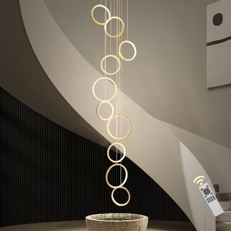 Modern LED Chandelier with Remote Control, 10 Rings Gold Foyer Chandeliers for High Ceilings, Dimmable Long Led Pendant Light Fixture for Entryway Staircase Foyer, 3000K-6000K