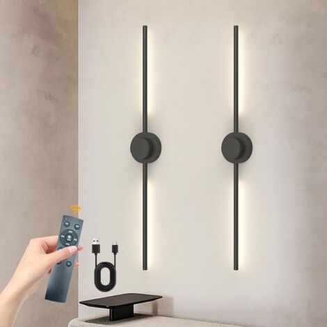 Battery Operated Wall Lights Indoor 100 CM, Rechargeable LED Wall Sconce Lights Dimmable 3 Colors with Remote, Wireless Wall Sconces Set of 2 for Living Room, Bedroom, Hallway, 5000mAh, Black