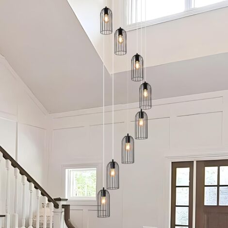 Black Caged High Ceiling Chandelier for Staircase, Modern Large Vintage Chandeliers, 8-Lights Farmhouse Industrial Semi Flush Mount Long Pendant Lighting Fixture for Entryway Living Room Foyer