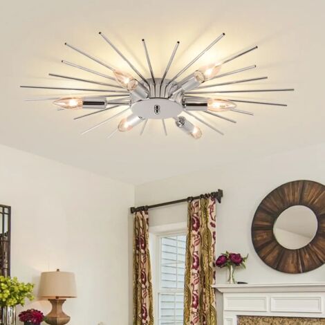 Sputnik Flush Mount Ceiling Light 60cm Modern Dimmable Firework Ceiling Lamp, 6-Light Chrome Ceiling Light for Living Room, Bedroom, Dining Room