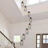 Black Caged High Ceiling Chandelier for Staircase, Modern Large Vintage Chandeliers, 8-Lights Farmhouse Industrial Semi Flush Mount Long Pendant Lighting Fixture for Entryway Living Room Foyer