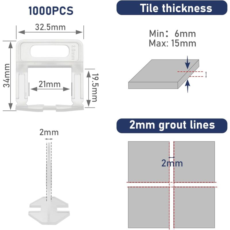 1000 Pièces Croisillon Carrelage Autonivelant Kit Système de Nivellement de Carrelage de 2mm Carrelage Croisillon Autonivelant pour Carrelage Carrelage Sol Carreaux de Mur 2