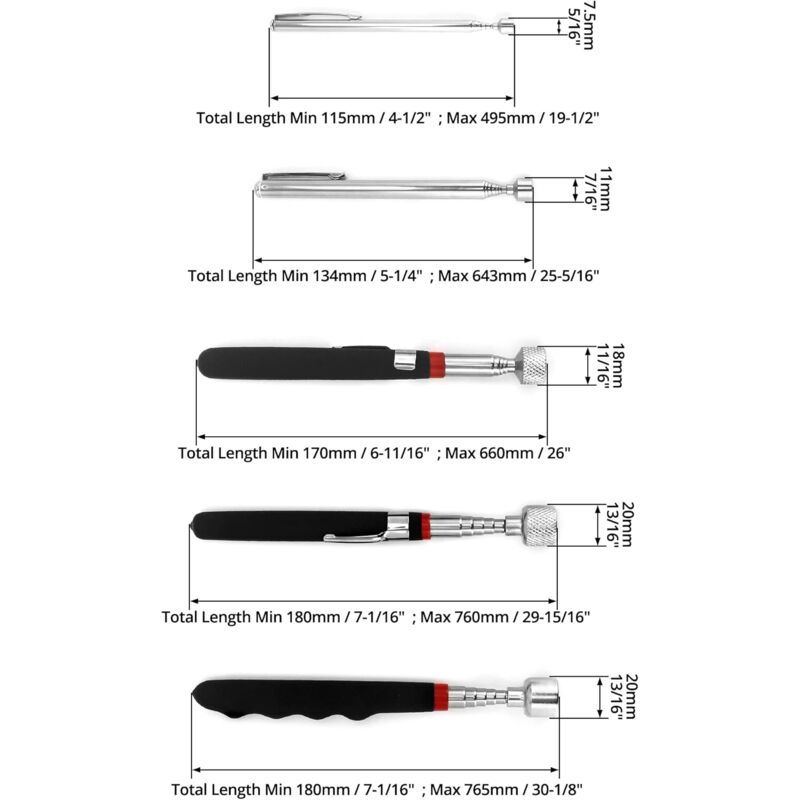 Lot De 4 Aimants Télescopiques Extensibles - Puissance 1.5 LB, 5 LB, 10 LB - Pour Ramasser Vis, écrous, Pièces Métalliques