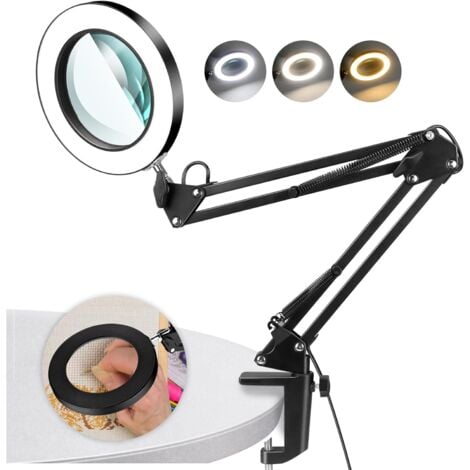 Loupe 10 x avec lumière et support, loupe avec lumière, 3 modes de couleurs en continu, 10 niveaux d'intensité variable, lampe de bureau LED pour le travail, la couture, le bricolage, cadeau