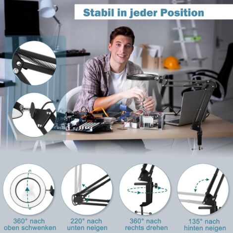 Loupe 10 x avec lumière et support, loupe avec lumière, 3 modes de couleurs en continu, 10 niveaux d'intensité variable, lampe de bureau LED pour le travail, la couture, le bricolage, cadeau