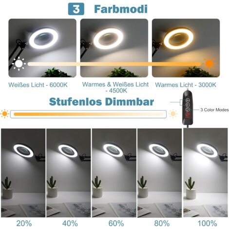 Loupe 10 x avec lumière et support, loupe avec lumière, 3 modes de couleurs en continu, 10 niveaux d'intensité variable, lampe de bureau LED pour le travail, la couture, le bricolage, cadeau