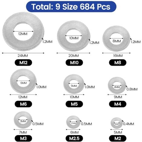 684 Pièces Inox Rondelles Plates Metal, pour Gonds de Porte, 9 Tailles Rondelles Acier Inoxydabl 304 - M2 M2.5 M3 M4 M5 M6 M8 M10 M12 Rondelle Carrossier Inox