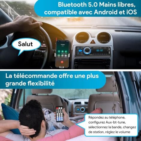 Autoradio Bluetooth Main Libre 5.0, FM Poste Radio Voiture Bluetooth, Autoradio 1 Din pour 9-12V Voiture Supporte 2 USB/AUX/SD/TF/MP3, Supporte iOS/Android