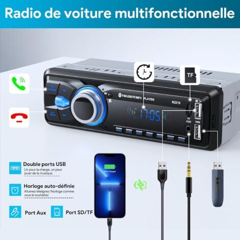 Autoradio Bluetooth Main Libre 5.0, FM Poste Radio Voiture Bluetooth, Autoradio 1 Din pour 9-12V Voiture Supporte 2 USB/AUX/SD/TF/MP3, Supporte iOS/Android