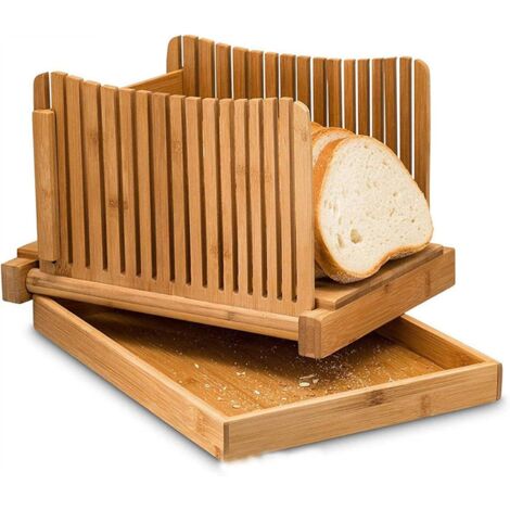 Trancheuse à Pain En Bambou Pliable - Réglable 3 Épaisseurs, Avec Bac à Miettes, 35x22 Cm