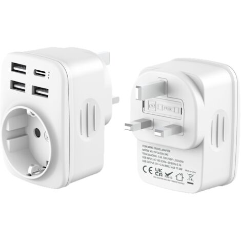 Adaptateur Prise UK 6 En 1 - 2 Prises EU + 2 USB-A + 2 USB-C - Compatible Royaume-Uni, Irlande, Malaisie, Maldives...