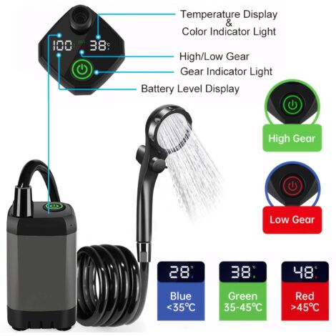 Douche Camping Wadeo Kit Douche De Camping Rechargeable, Pompe De Douche Portable Avec Affichage De Température Et De Douchette Portable