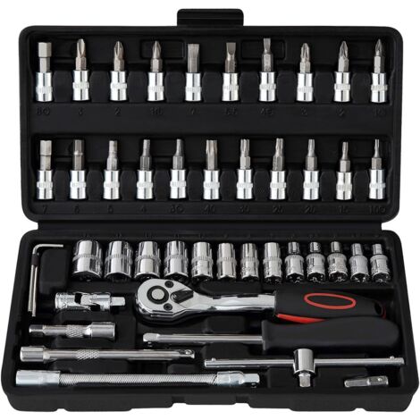 Jeu De 46 Douilles 1/4" En Acier Cr-V Avec Cliquet Réversible - Mallette, Embouts, Clés Allen, Pour Bricolage Et Mécanique