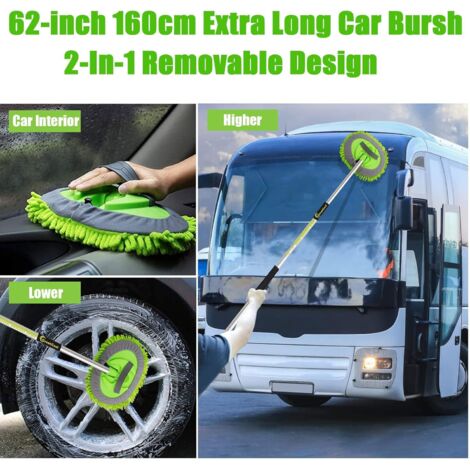 Brosse Lavage Voiture 160 Cm - 4 Têtes Microfibre Chenille + Manche Aluminium - Nettoyage Sans Rayures, Rotation 180° - Pour Voiture, Camion, Caravane, Vitres - 10