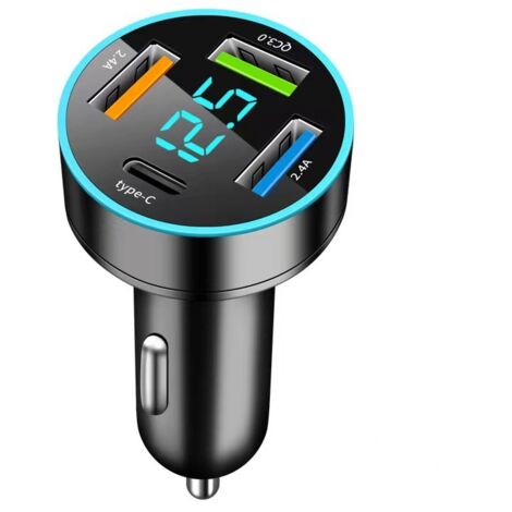 Chargeur Allume-cigare 4 Ports USB-C 66W QC3.0 + Voltmètre LED - Charge Rapide Téléphone, Tablette, Ordinateur Voiture