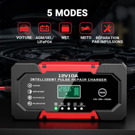 Chargeur Batterie Auto YDBAO 10A Autobatterie Ladegerät 12V/24V Intelligentes Ladegerät Autobatterie LiFePO4 LCD 5 Modes Standard AGM Moto Réparation