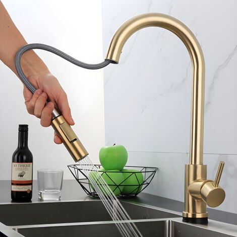 Robinet de cuisine doré avec pulvérisateur extractible, robinet mitigeur de cuisine moderne en acier inoxydable à poignée unique, or brossé