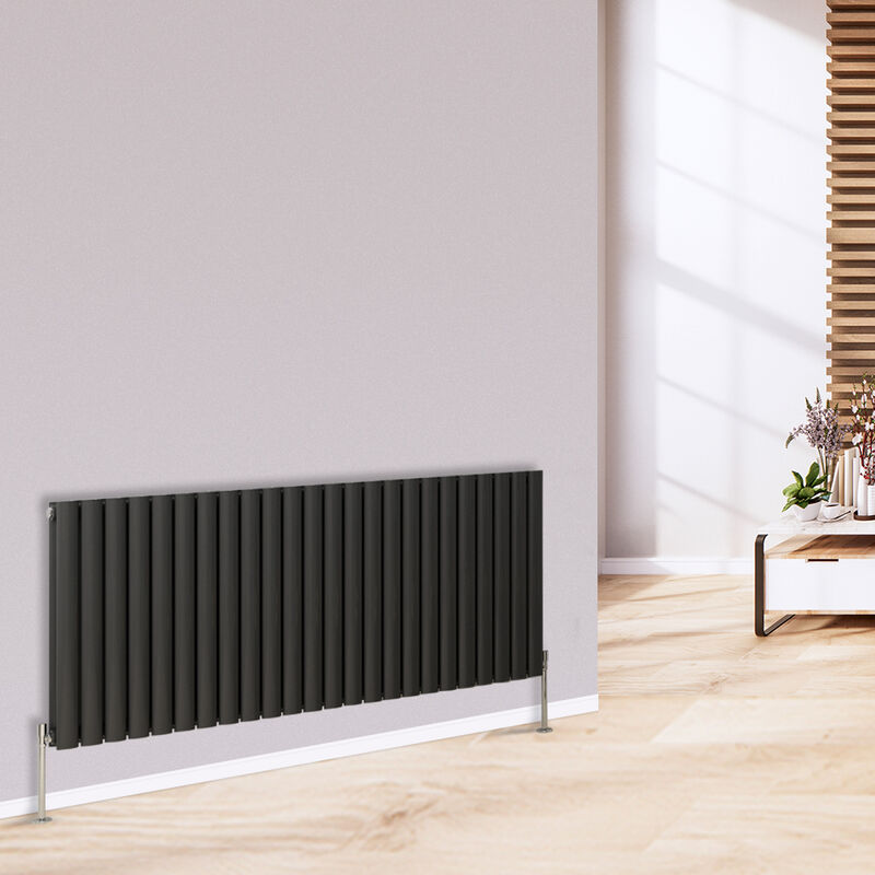 Warmehaus Horizontal Column Designer Radiator Oval Panel Double Column  Radiator Anthracite 600 x 1417mm Modern Central Heating Radiators Perfect  for Bathrooms, Kitchen, Hallway, Living Room