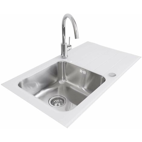 Aquariss 1.0 Single Bowl 860 x 500mm Glass Inset Kitchen Sink Stainless Steel Reverisble White