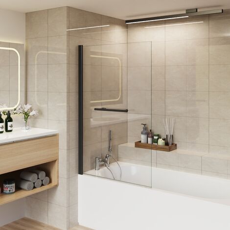 Aquariss 800x1400 Pivot Bath Shower Screen 6mm Easy Clean Glass Screen Reversible Door Panel Square Black with Towel Rail