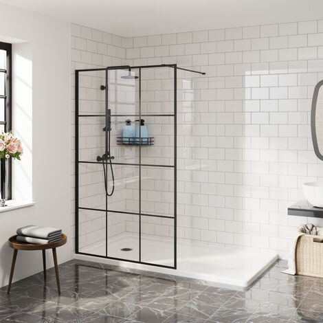 Aquariss Walkin Shower Enclosure 8mm Easy Clean Black Grid Glass Shower Screen Panel - Matte Black Framed 1400mm