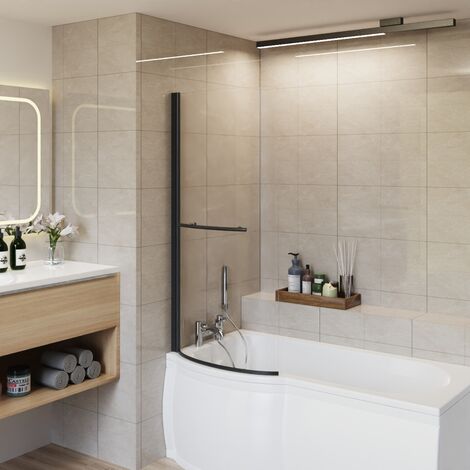 Aquariss 1400x715 P-Shaped Bath Curved Screen Black+Towel Rail (1/5)