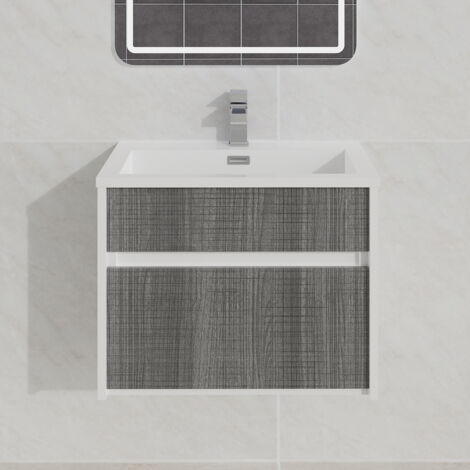 600mm Bathroom Wall Hung Vanity Unit Sink Cabinet Drawer Grey Ash