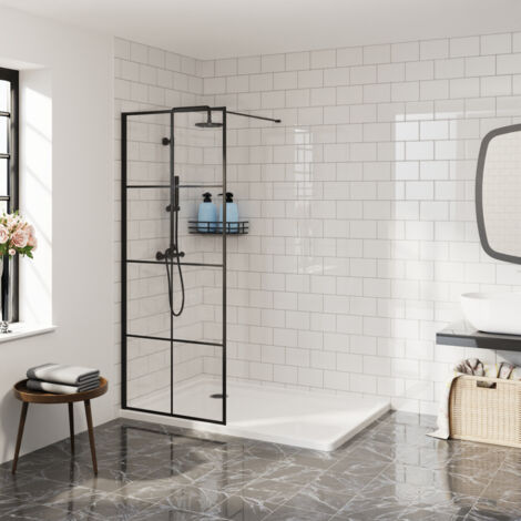 Aquariss Walkin Shower Enclosure 8mm Easy Clean Black Grid Glass Shower Screen Panel - Matte Black Framed 700mm (1/4)
