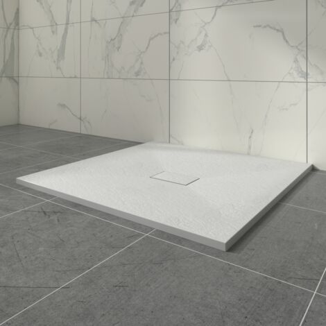Aquariss White Square Shower Tray with Waste Trap Slate Effect Slip-Resistant Cubicle Base for Bathroom 1000x1000mm