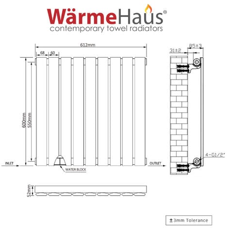 Warmehaus White Radiator Flat Panel Horizontal Single 600x612mm