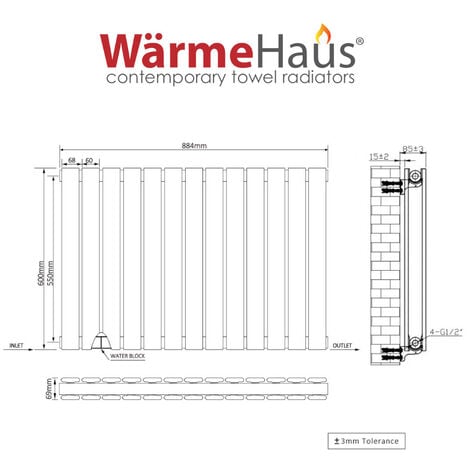 Warmehaus White Radiator Flat Panel Horizontal Double 600x884mm