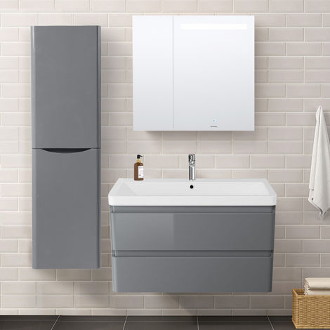 1400mm Left Hand Gloss Grey Tall Cupboard Storage Cabinet Bathroom Furniture